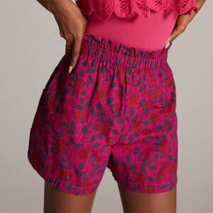 Anthropologie Floral Pull On Shorts Cross Hatch Cotton Llani Hot Pink Size XL